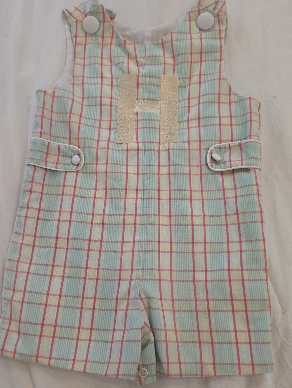 Stellybelly Boys Plaid Romper with Monogrammed H in 18m
